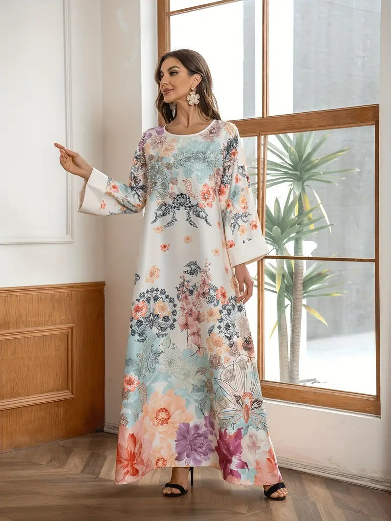Robe Longue Kaftan Fleurie Élégante